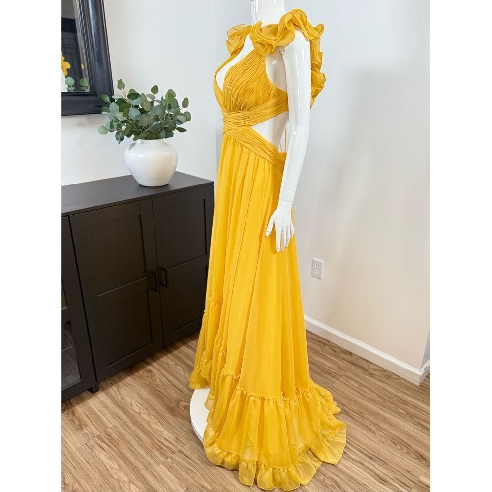 Mac Duggal Womens Chiffon Ruffle Sleeve V Neck A-Line Gown Marigold Size 10 - Picture 11 of 14